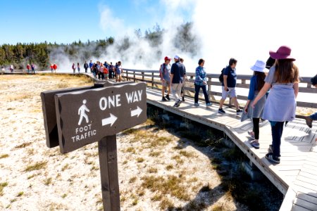 Newly-installed "One Way" sign at the Midway Geyser Basin boardwalk junction photo