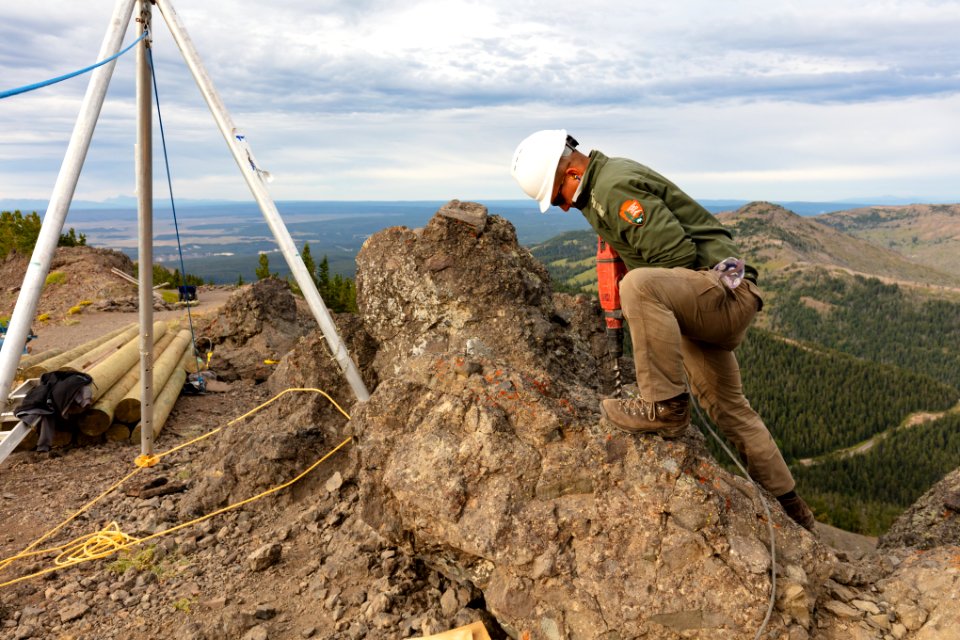 Trail crew Mt. Washburn Trail crib wall project