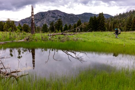 Backpacker near a pond along the Coyote Creek Trail near the boundary photo