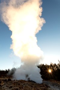 Sunrise steam rises into the air at Steamboat Geyser