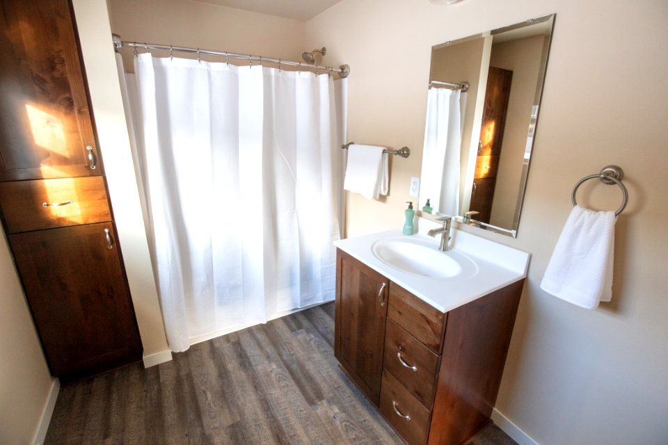 First bathroom layout inside new two-bedroom seasonal housing unit