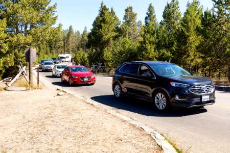 The line to wait for a parking spot at Midway Geyser Basin