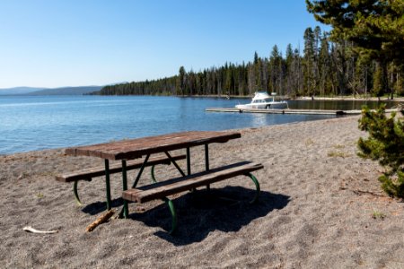 Picnic bench and dock on Plover Point photo