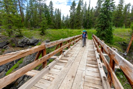 Backpacker crosses the Hellroaring Creek Bridge in the Absaroka Beartooth Wilderness (2) photo