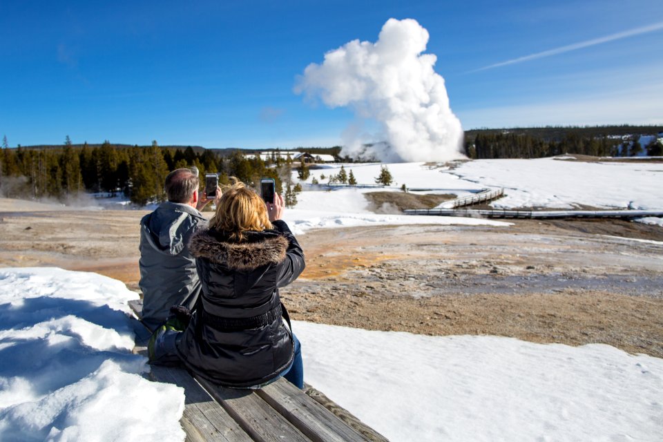 Filming Old Faithful from Geyser Hill