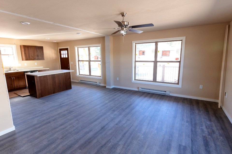 Living room layout inside new two-bedroom seasonal housing unit