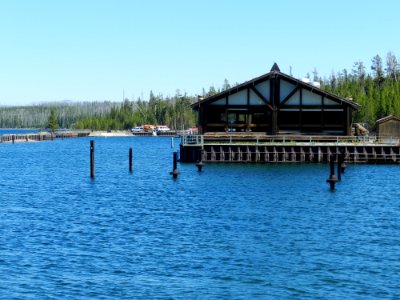 The Lake House Restaurant and boat ramp in background