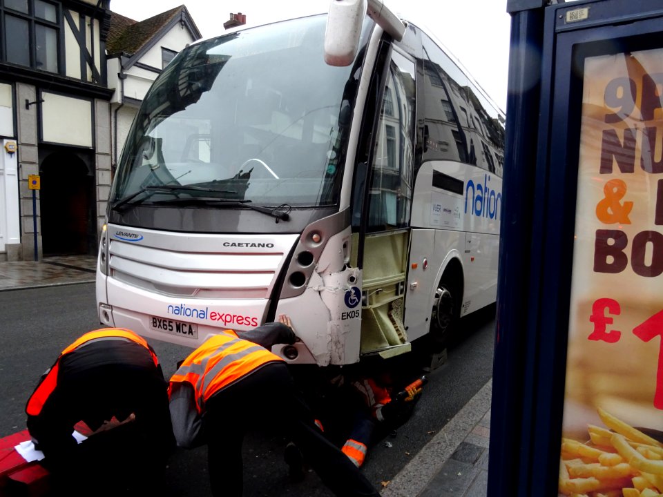 Ten photos of National Express Coach that hit granite pillars in High Street Maidstone. It was only a matter of time.