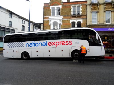 Ten photos of National Express Coach that hit granite pillars in High Street Maidstone. It was only a matter of time. photo