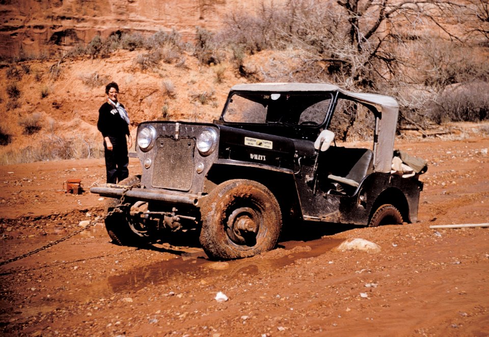 Tug's jeep, stuck in Lavender Canyon, 1957.