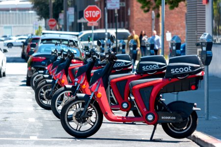 fleet of SCOOT rental scooters photo