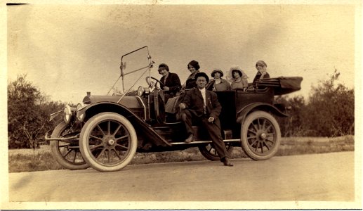 Hazel and Max and chorus in show at Pasadena. 1912 Cadillac Model 30 Touring car.