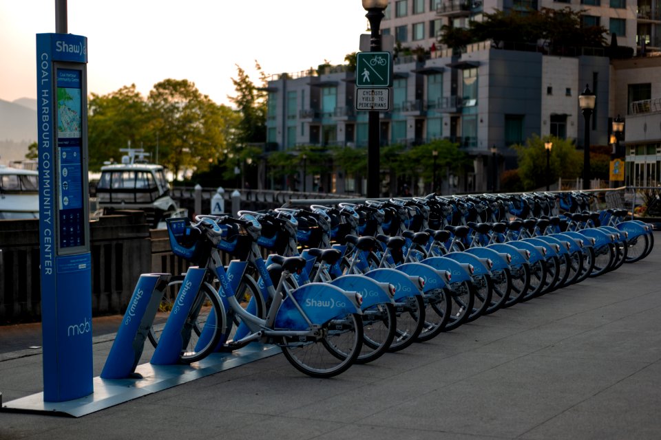 Mobi Shaw rack of bike share bikes (operated by CycleHop)