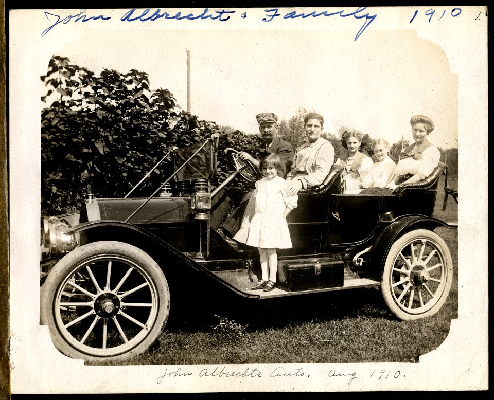 John Albrecht and family in Halladay automobile, August 1910