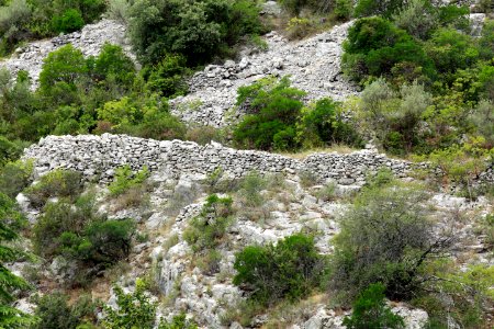 Le muret de pierres sèches à flanc de falaise.