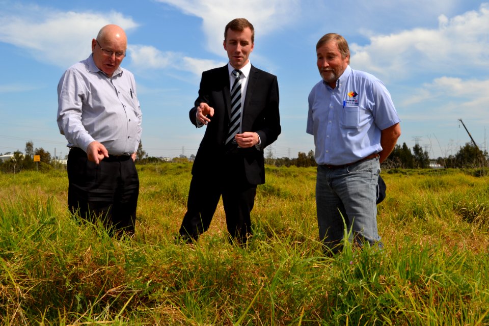 Holroyd City Council Mayor Ross Grove with John Perry and Councillor Greg Cummings announcing a new draft masterplan for Gipps Road and Hyland Road Parks in Greystanes