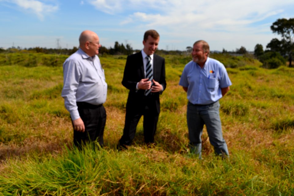 Holroyd City Council Mayor Ross Grove with John Perry and Councillor Greg Cummings announcing a new draft masterplan for Gipps Road and Hyland Road Parks in Greystanes
