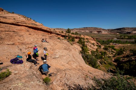 The students hiked to the rappelling location, overlooking Dewey Bridge. Moab, UT. Photo by Eric Delphenich
