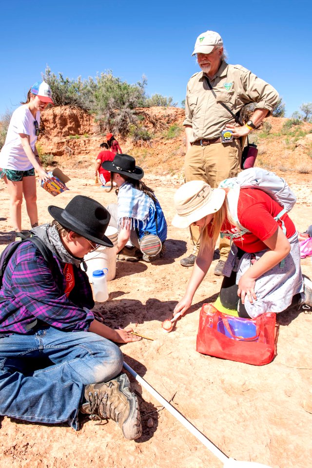 Science teacher Dr. Sydney Stringham and BLM Paleontologist Brent Breithaupt at Paleo Camp near Moab, UT. Photo by Eric Delphenich