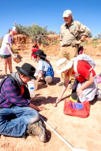 Science teacher Dr. Sydney Stringham and BLM Paleontologist Brent Breithaupt at Paleo Camp near Moab, UT. Photo by Eric Delphenich