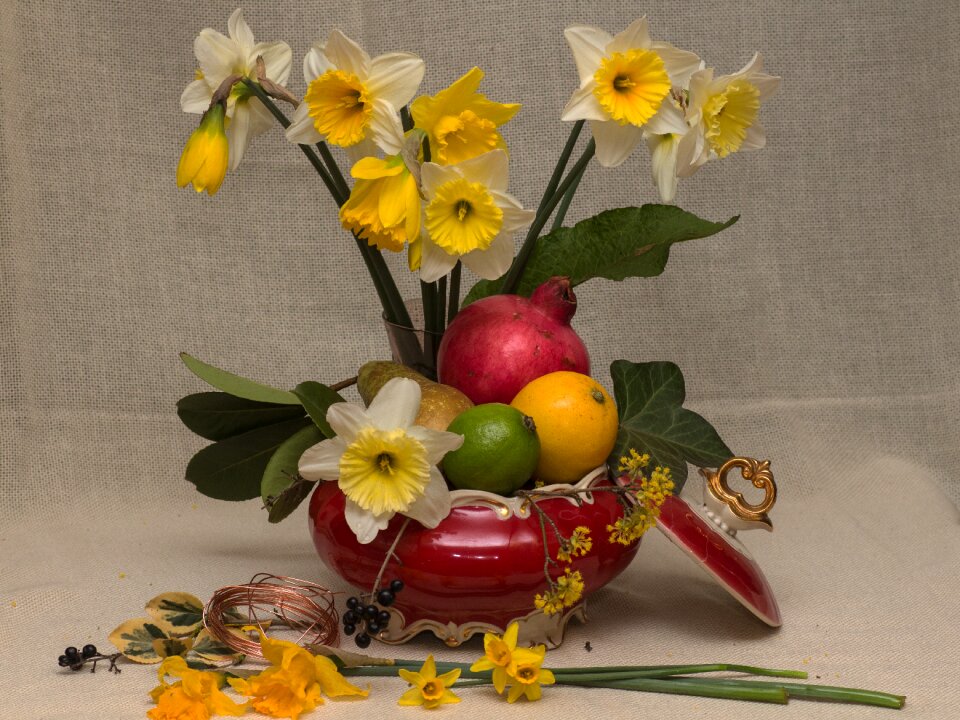 Tropical fruits daffodils spring