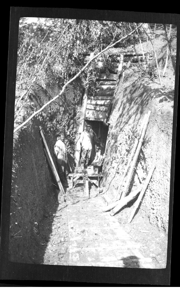 two men and a dog at the entrance of an underground shelter