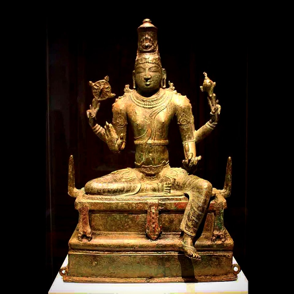 Vishnu  11th-14th Centuries, Chola Dynasty Copper Tamil Nadu, South India Folch Collection  Many of the devotional and sacred bronze sculptures of the Chola dynasty in southern India were made to be carried in processions. They were generally subjected to