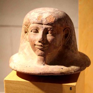 Lid of Canopic jars featuring the funerary god Imsety.  Stone and terracotta 19th-20th Dynasty 1307-1070 BC  @Museu Egipci  #Barcelona #Egypt