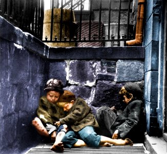 Children Sleeping in Mulberry Street (Street Arabs in Sleeping Quarters), New York, NY, USA, c.1889. (Colorized). photo