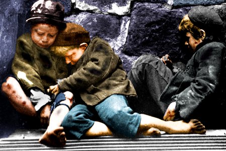 Street Arabs in Sleeping Quarters (Areaway of Mulberry Street), New York, NY, USA. c.1889. (Colorized, enlarged and cropped) photo