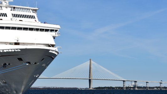 cruise ship with bridge in background