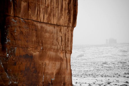Balanced Rock shrouded in snow