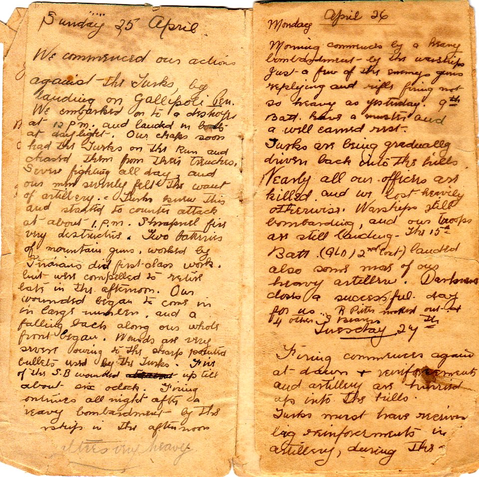Diary of Gallipoli: entry for 25th April 1915. Diary of 494 Sergeant Joseph Cecil Thompson, Gallipoli 25th April 1915. Pages four and five photo