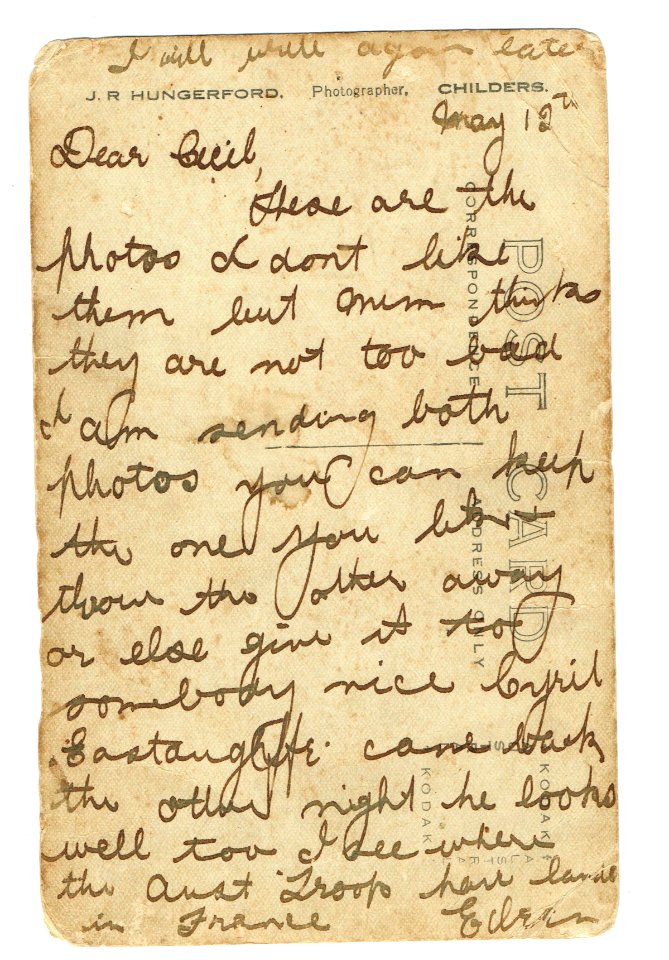 Postcard to a soldier at the front, World War I, 1916.