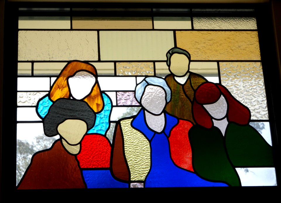 Urrbrae. One of 18 stained glass windows in the cafe at the Waite Campus of the University of Adelaide. Staff members. All images reflect agriculture and the work of the Waite Institute.