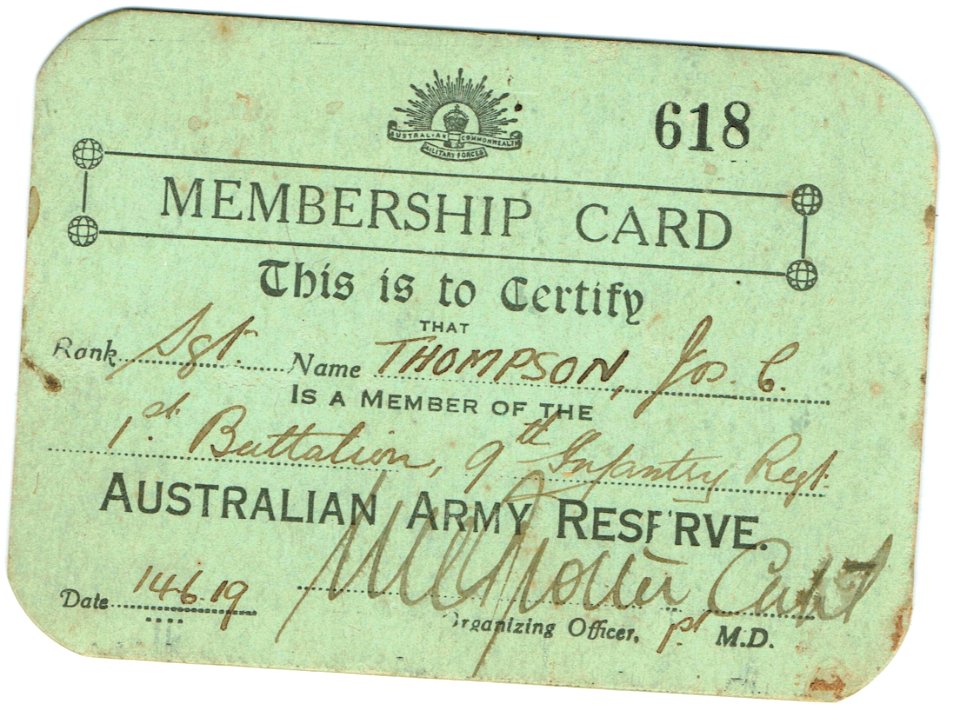 Army Reserve Membership card, 14 June 1919