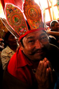 The Empowered; Happiness is wearing the 5 Dhyani Buddhas Crown and Holding a Flower and Dorje (vajra), Initiate, Highest Yoga Tantra initiation, Hevajra, Tharlam Monastery of Tibetan Buddhism, Boudha, Kathmandu, Nepal