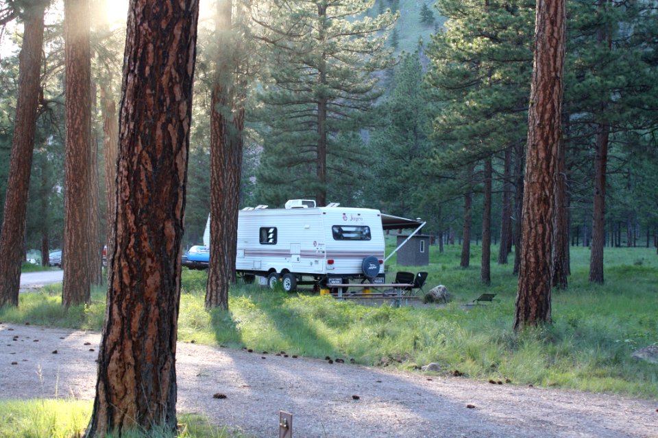 Fifthwheel RV Trailer Camping in the forest