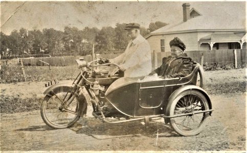 Mother and son  on a motorbike in Bevington Road, Frewville, S.A. - 1910s