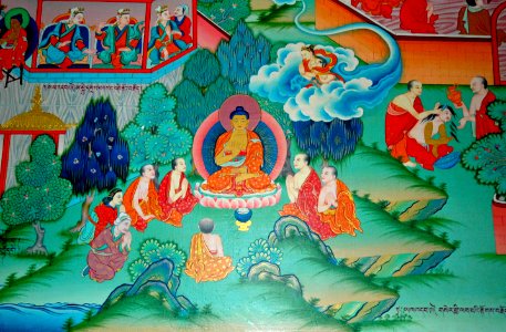 Buddha teaching, from the Buddha's life story, mural, Tharlam Monastery of Tibetan Buddhism, Boudha, Kathmandu, Nepal