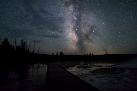 Milky Way over the boardwalks at Fountain Paint Pots photo