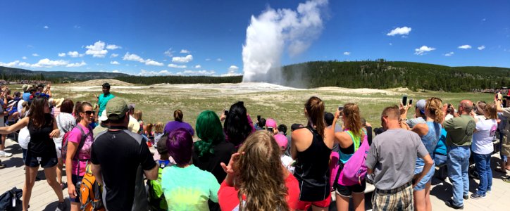 Visitors watching Old Faithful Geyser
