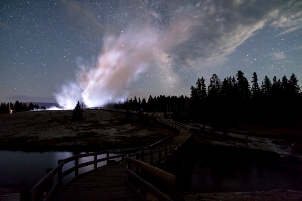 Castle Geyser night eruption