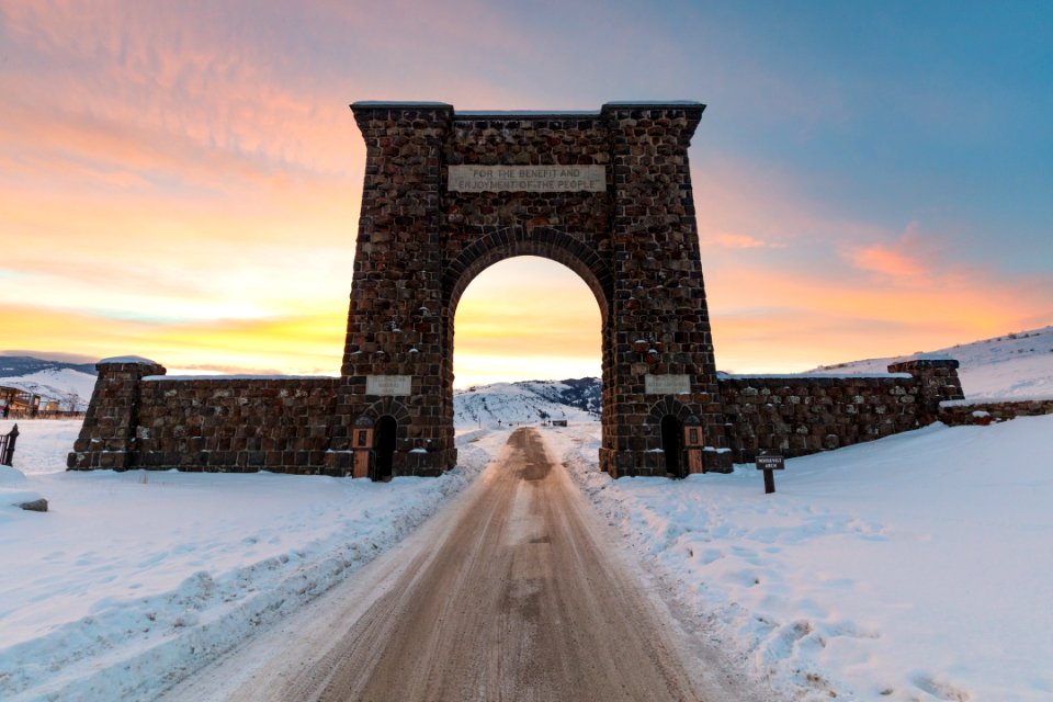 Colorful winter sunrise at Roosevelt Arch