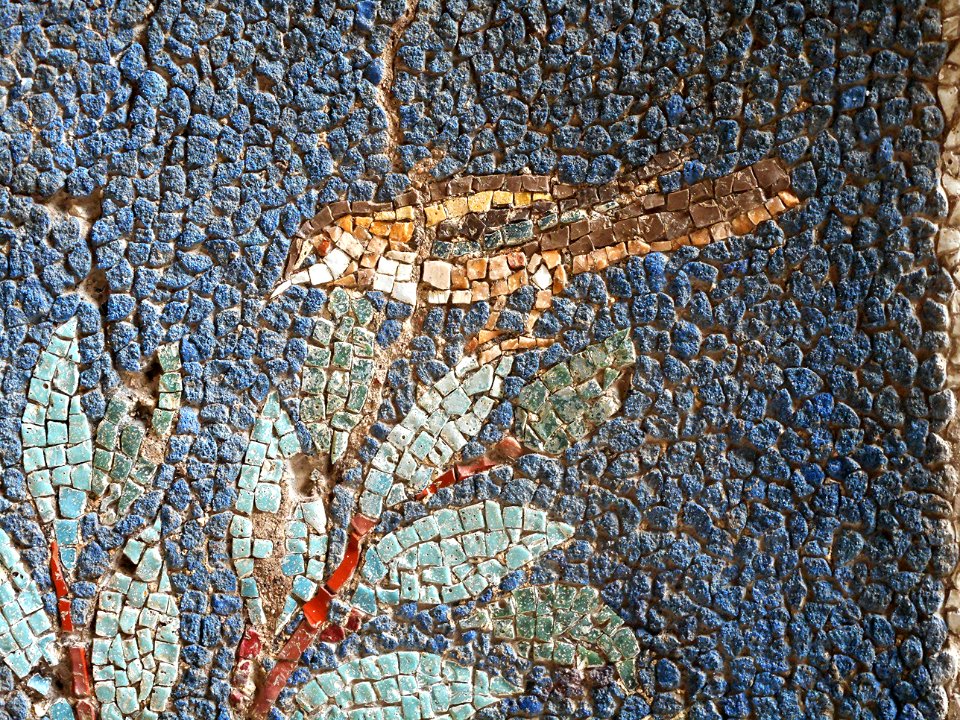 Bird (Detail) - Nymphaeum with mosaics (1st century AD) from Massa Lubrense (Pipiano) / Sorrento stretch of coast - Exhibition "Myth and Nature" at Archaeological Museum of Naples, until September 30, 2016
