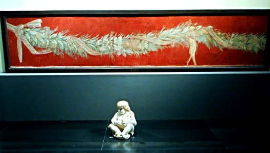 "Flowers and fruits garland" - wall painting from Pompeii (1st century AD) and "Child with fruit", fountain ornament (1st century AD) from Pompeii - Exhibition "Myth and Nature" at Archaeological Museum of Naples, until September 30, 2016