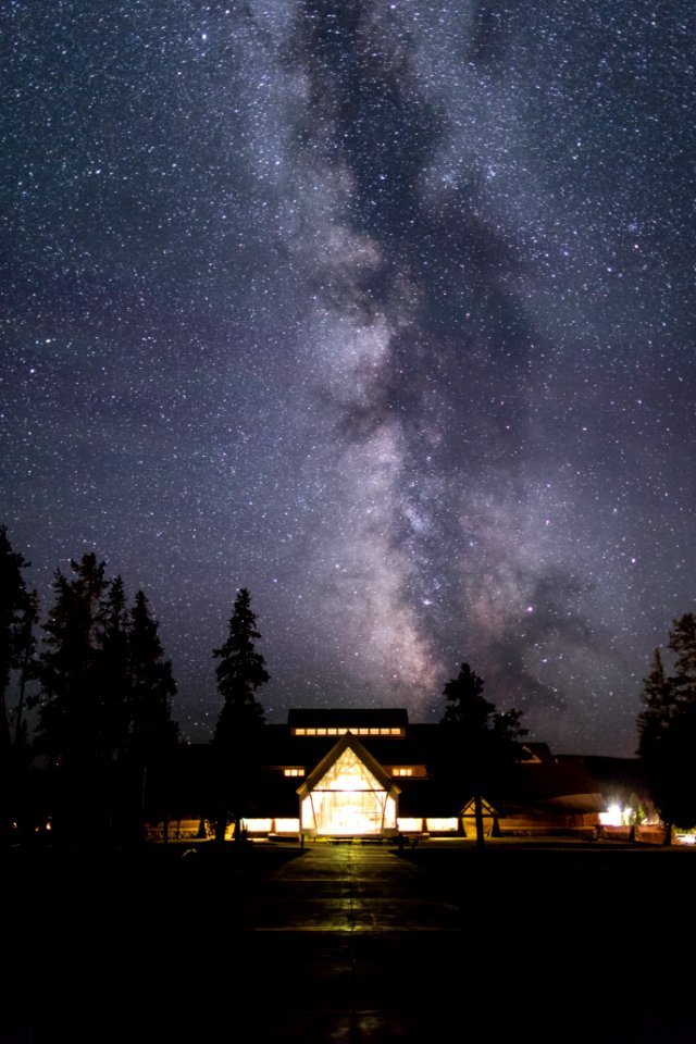Milky Way rising over the Old Faithful Visitor Education Center portrait