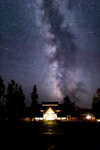 Milky Way rising over the Old Faithful Visitor Education Center portrait photo