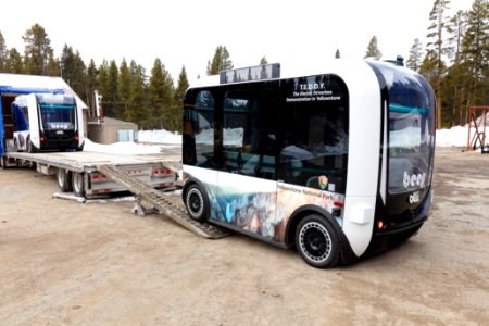 T.E.D.D.Y. (The Electric Driverless Demonstration in Yellowstone) vechicles arrive in the park. (3) photo