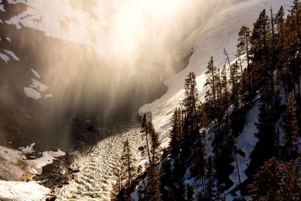 Glowing mist at the base of Lower Falls